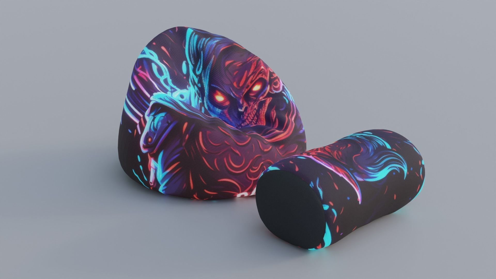 3D model Bean bag neon skull with foot rest ottoman pouf chair VR / AR