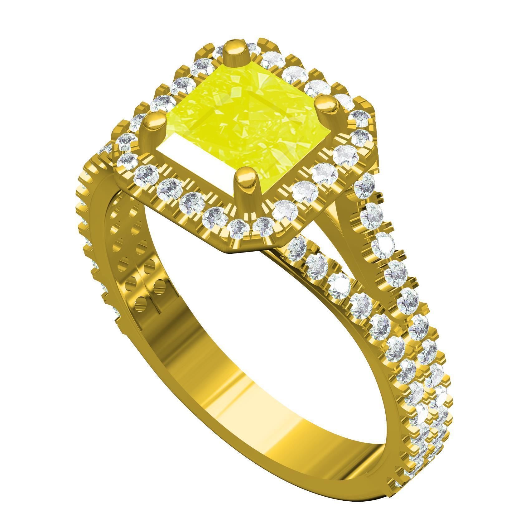 Yellow Emerald Cut Diamond Split Shank Engagement Ring 3D model 3D
