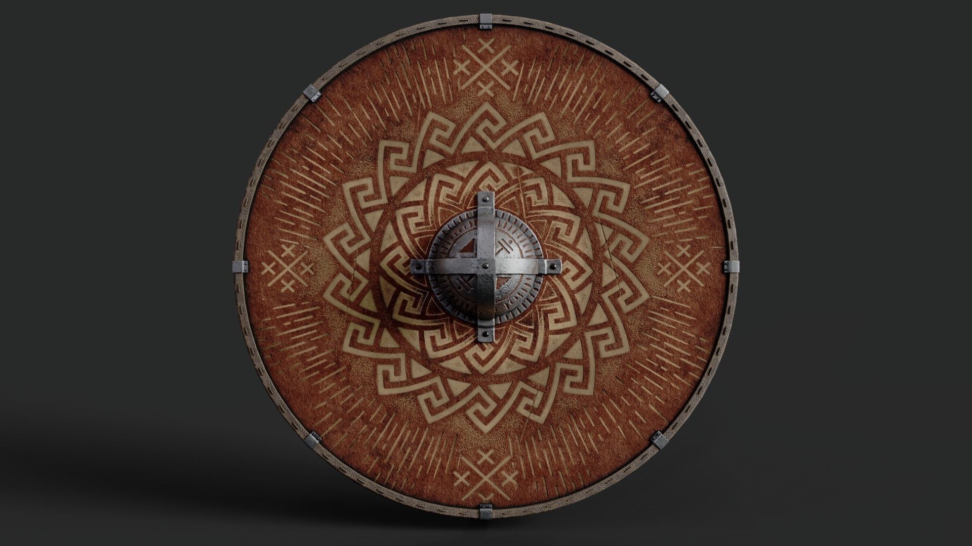 Slavic round leather shield-painted red with nordic symbol Low-poly 3D mode...