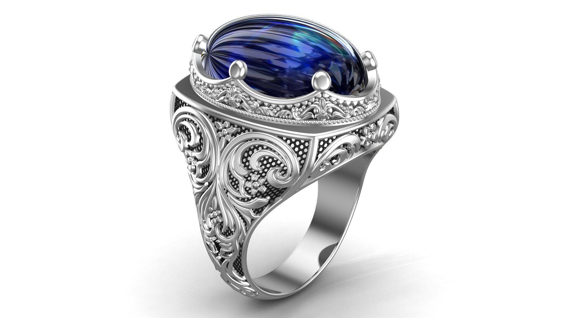 Turkish Ottoman King Crown Blue Sapphire Gents Ring 3D model 3D