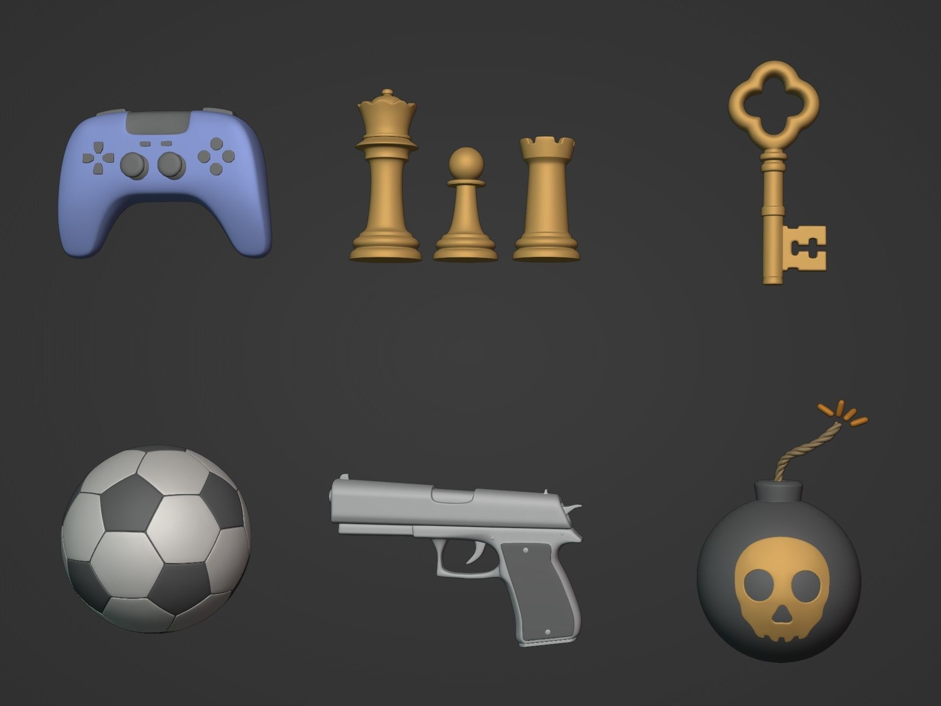 3D model Cartoon Icons Pack Controller Bomb Gun Soccer Ball