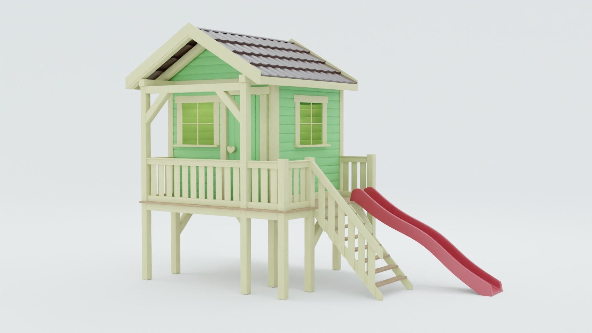 Wooden playhouse with slide 3D model CGTrader