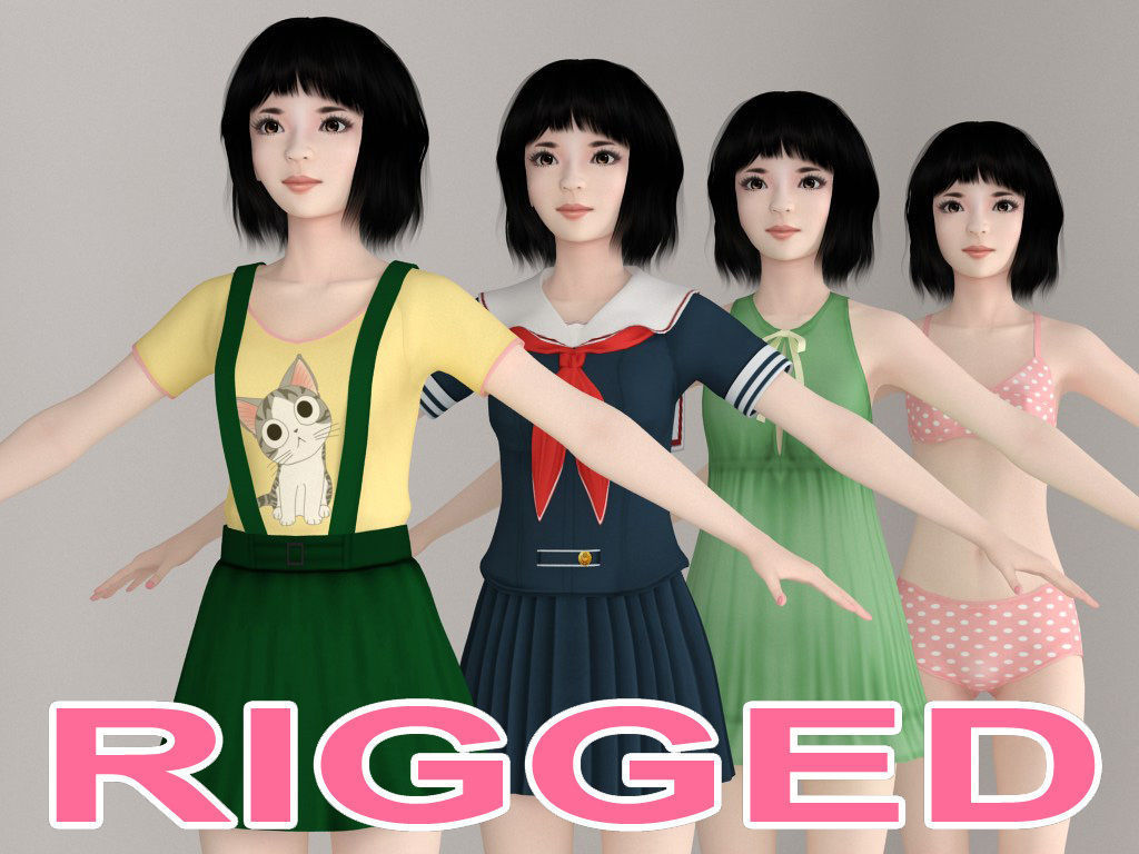 T pose rigged model of Kayoko with various outfit 3D model