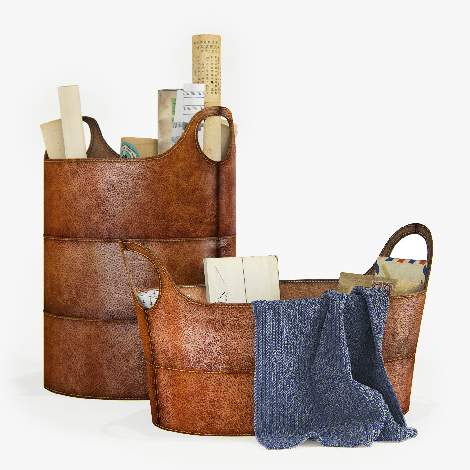 pottery barn hayes leather storage basket 3D model CGTrader