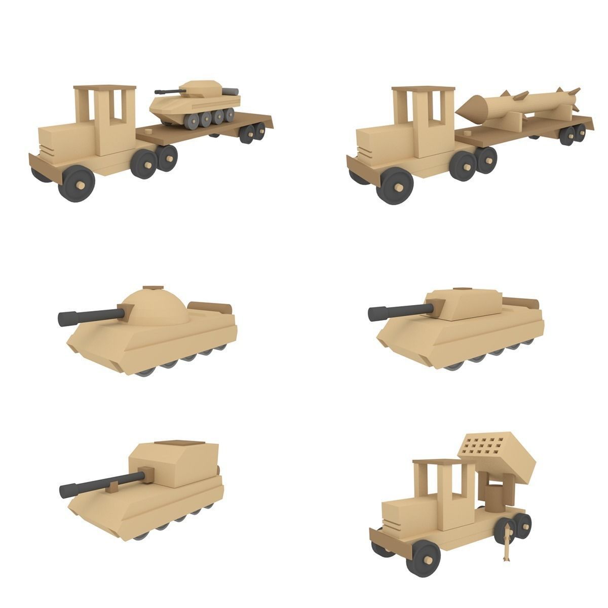 Wooden war toys machines Low-poly  3D model