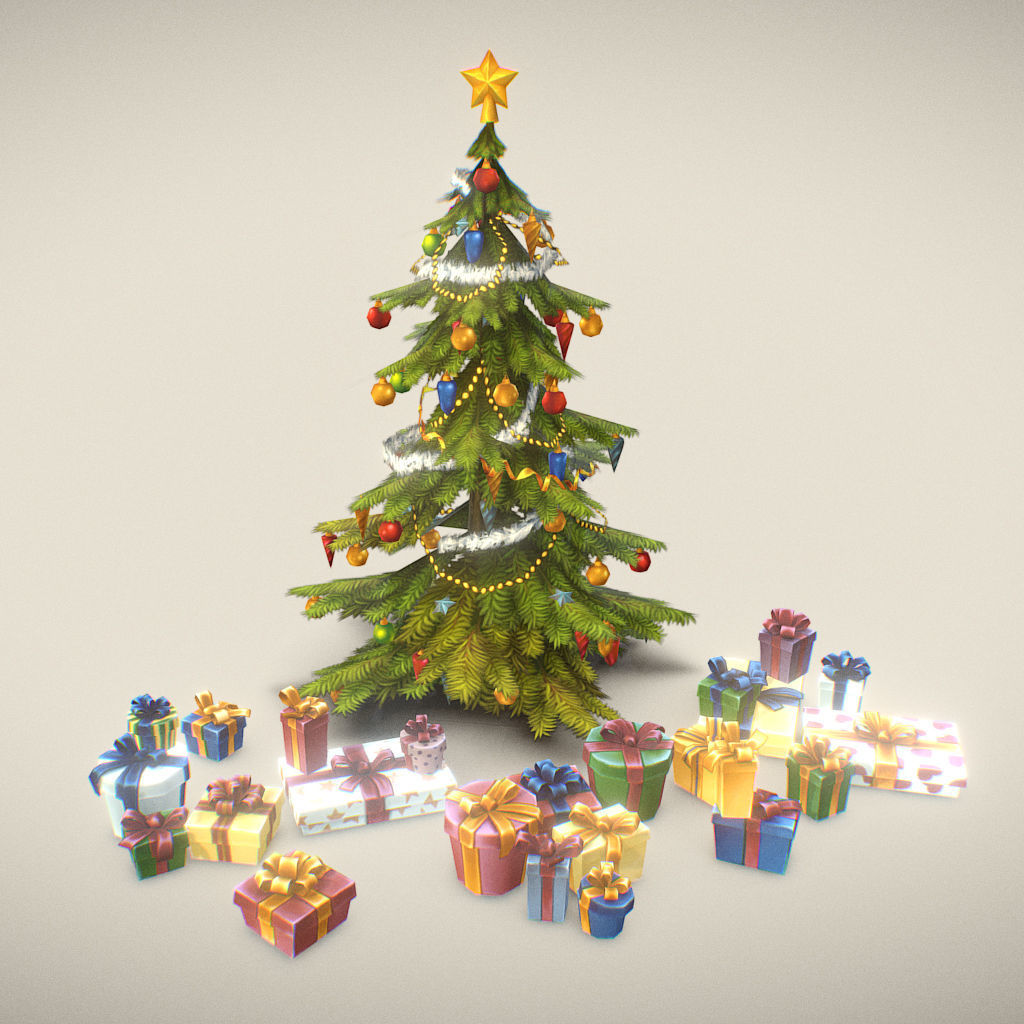 Christmas Tree and Presents - Low Poly Hand Painted