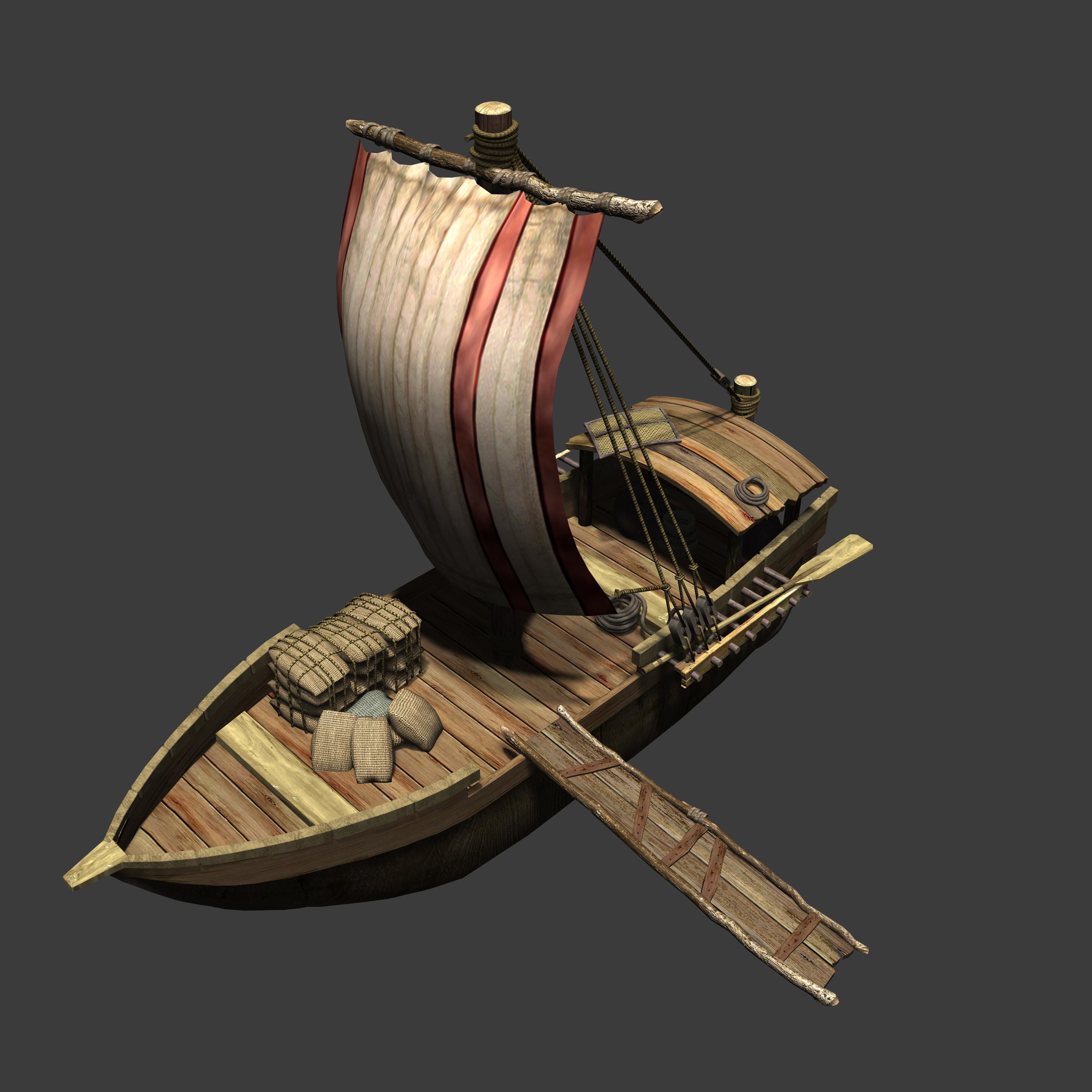 ancient asian wooden boat Low-poly  3D model