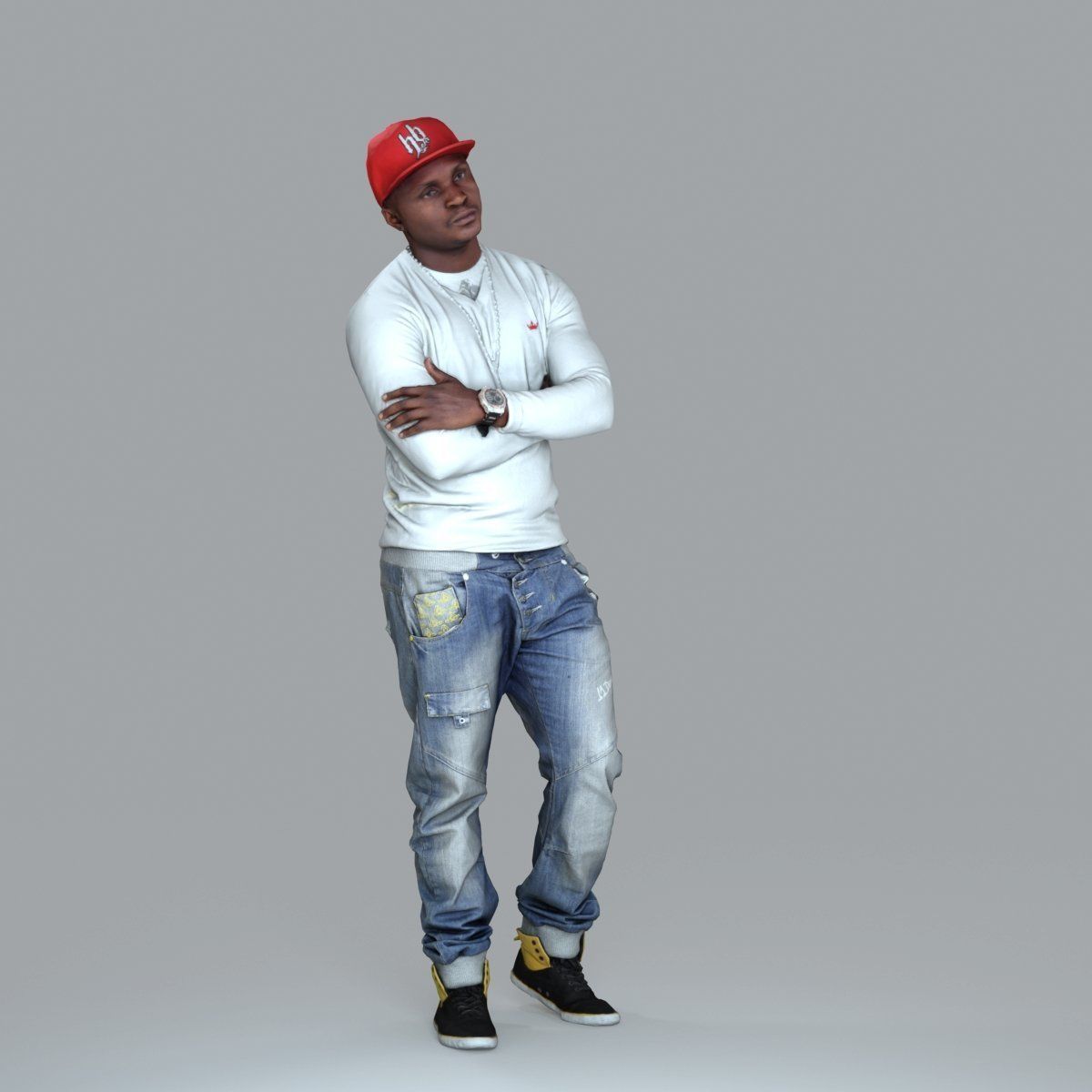 red cap jeans