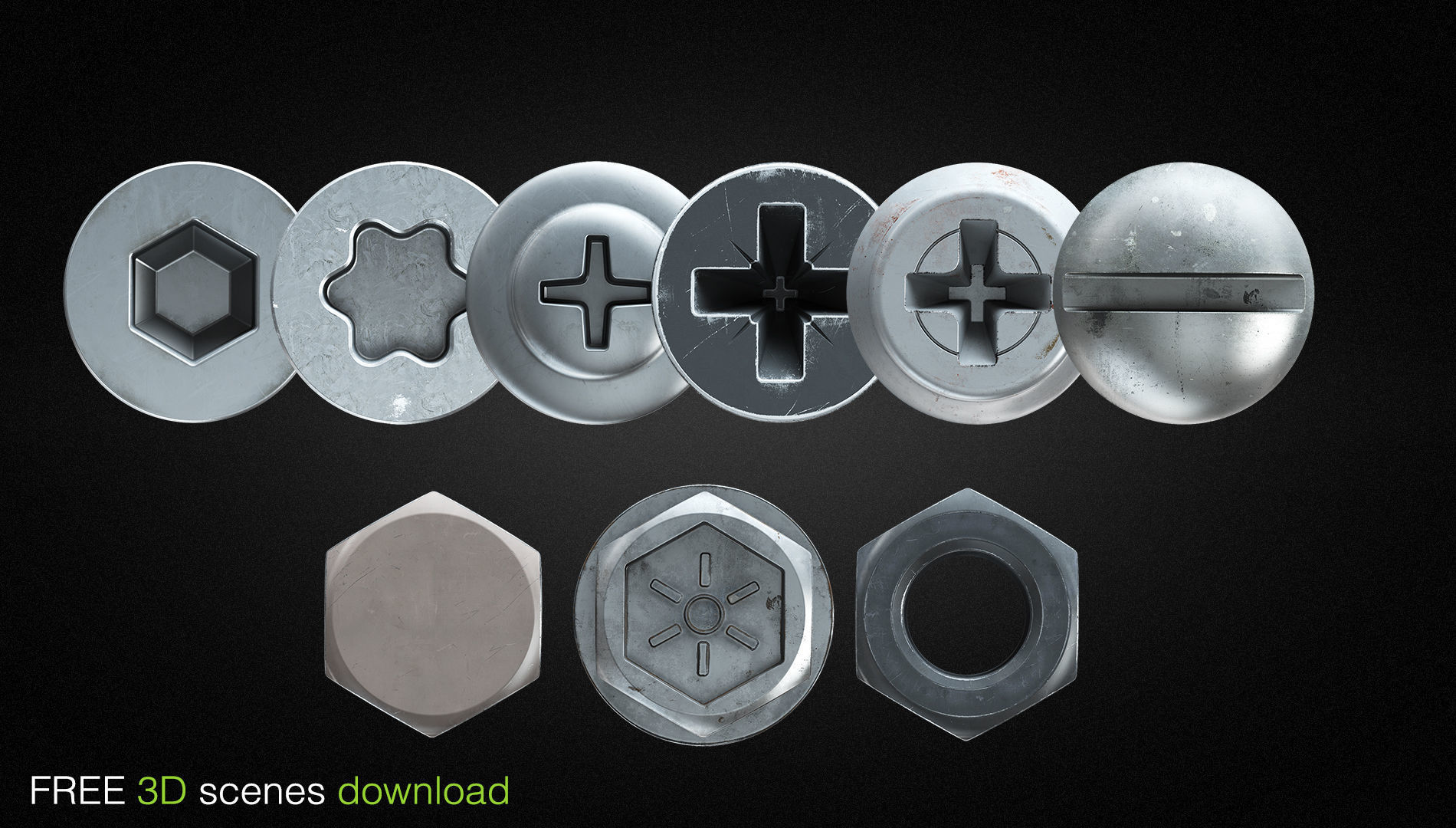 FREE 3D scene hex nut and screw heads for v-ray