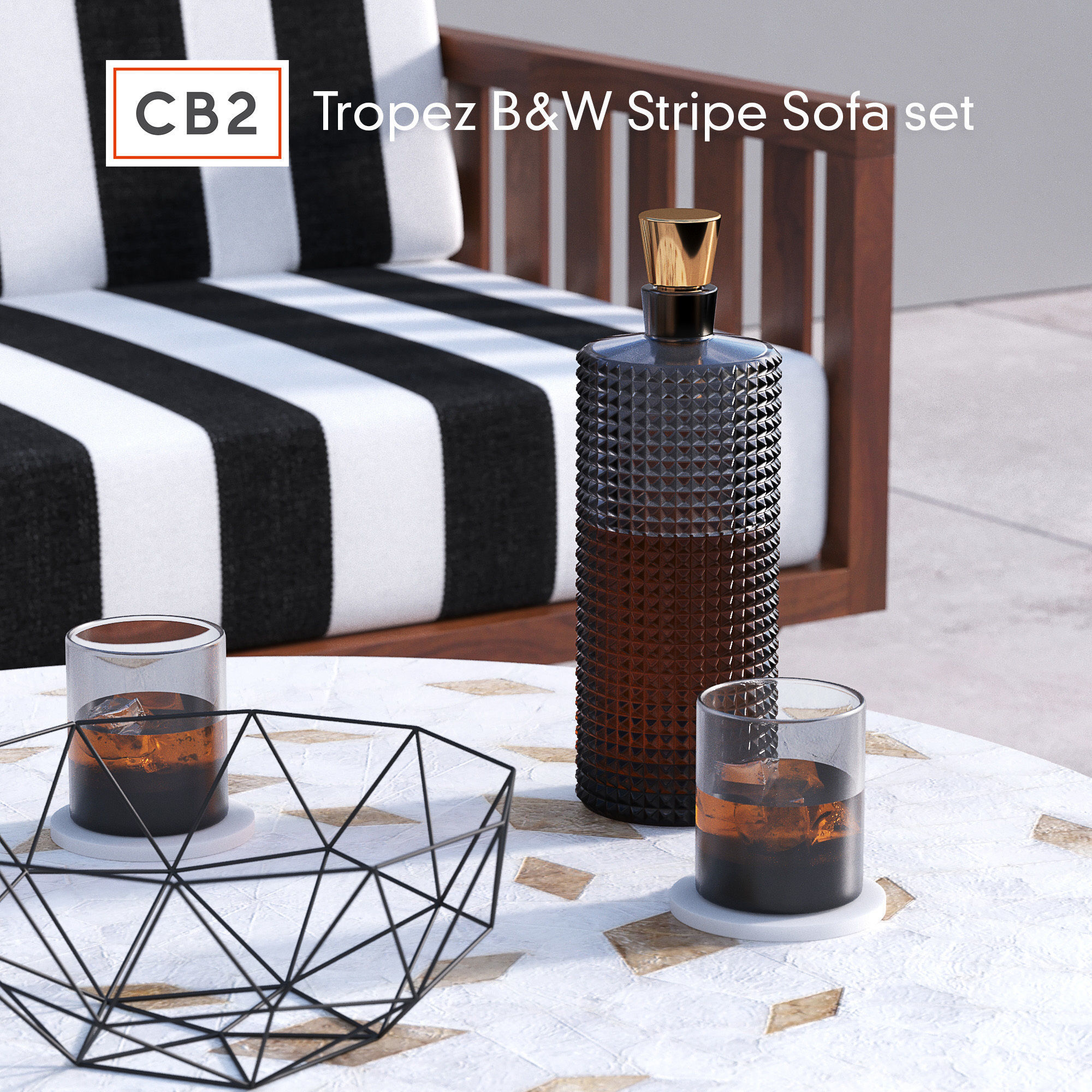 CB2 Tropez Black and White Stripe Sofa set 3D model CGTrader