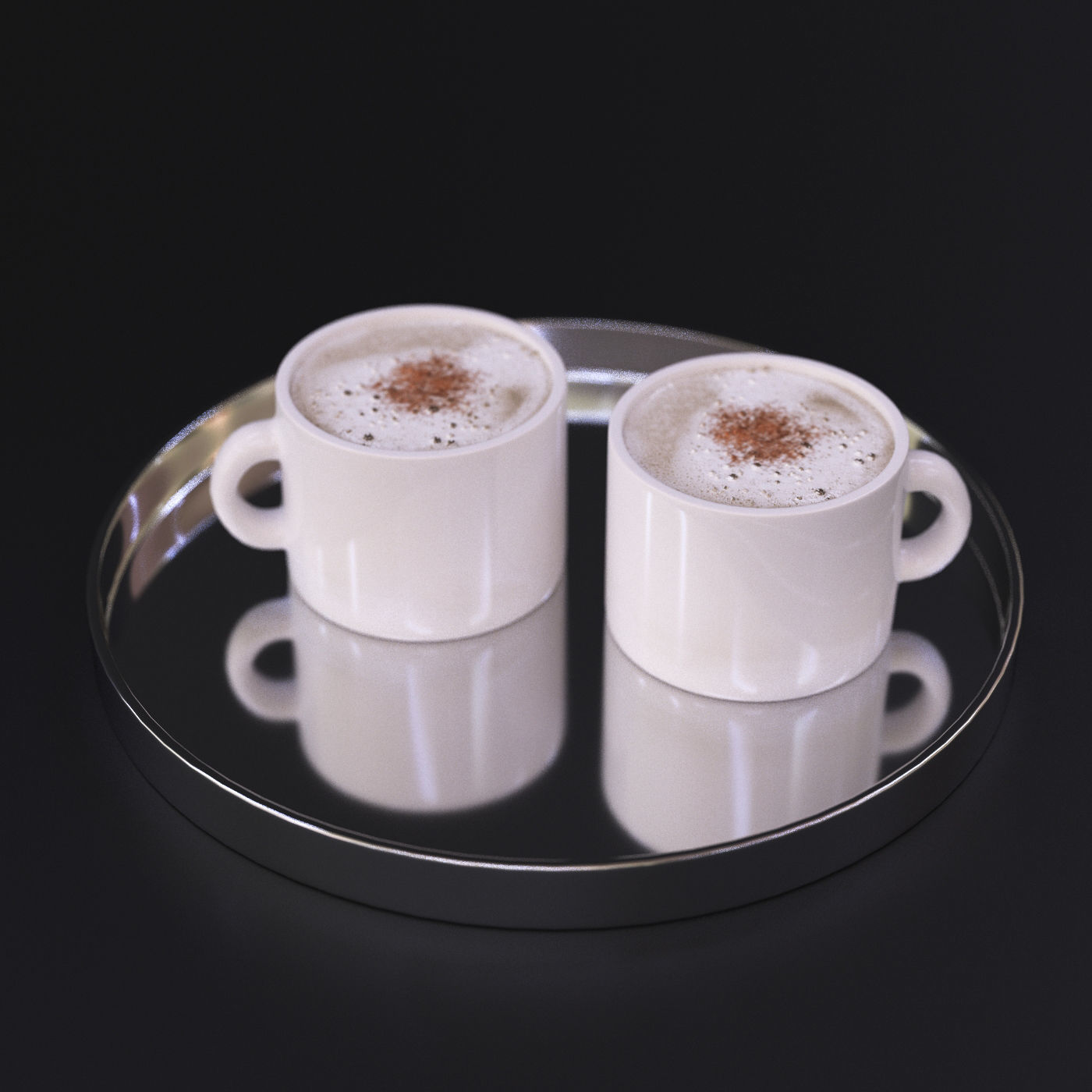 Cappuccino coffee on a chrome tray