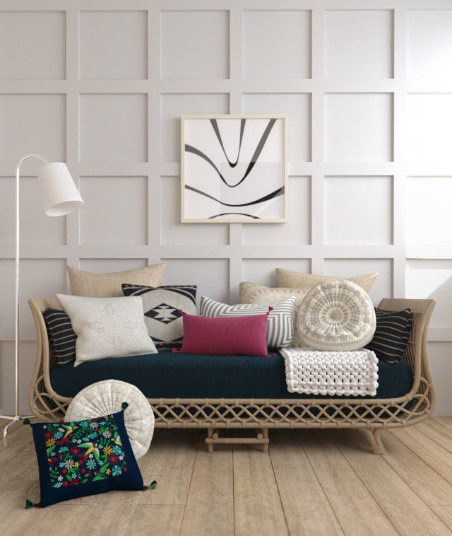 Bamboo sofa rattan chair sofa wicker sofa knit blanket scene
