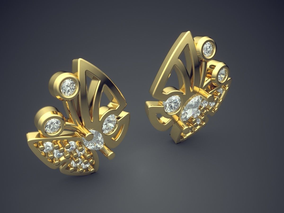 Unique Girly Butterfly Earrings with Diamonds 3D print model