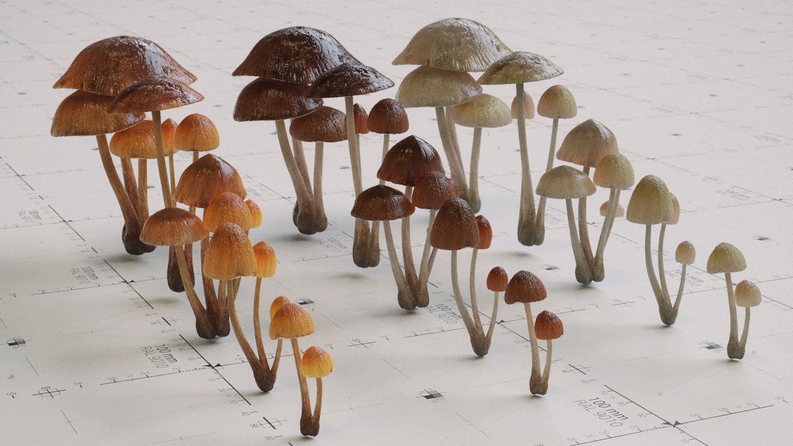 Mushroom Psilocybe 3 Types plus Emissive Textures - PBR AssetKit